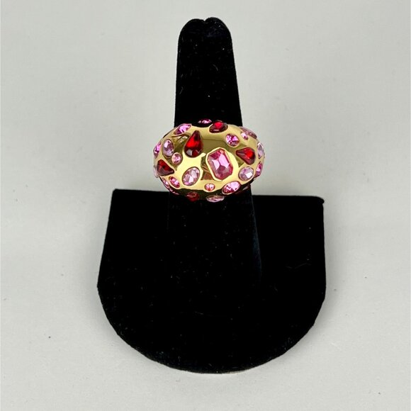 J Crew Crystal Dome Cocktail Ring Festival Red Cubic Zirconia Gold Plated size 7 - Picture 2 of 6